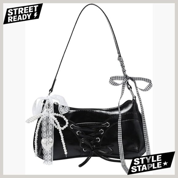 Handbags - Vintage Y2K Shoulder Bag with Bow Lace PU Leather Handbag